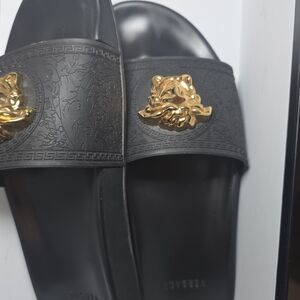 Versace Women Black Slides with Gold Medusa